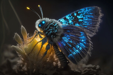 Fototapeta na wymiar Mystical glowing moth or butterfly in a magical nature. Isolated on blurred background. Stunning animals in nature travel or wildlife photography made with Generative AI