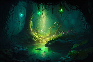 Fototapeta na wymiar An image of dark forest with green lights. Generative AI.
