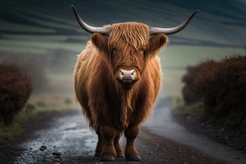 Near a gravel road, a highland cow with a long tuft of reddish hair looks straight into the camera. Generative AI - obrazy, fototapety, plakaty