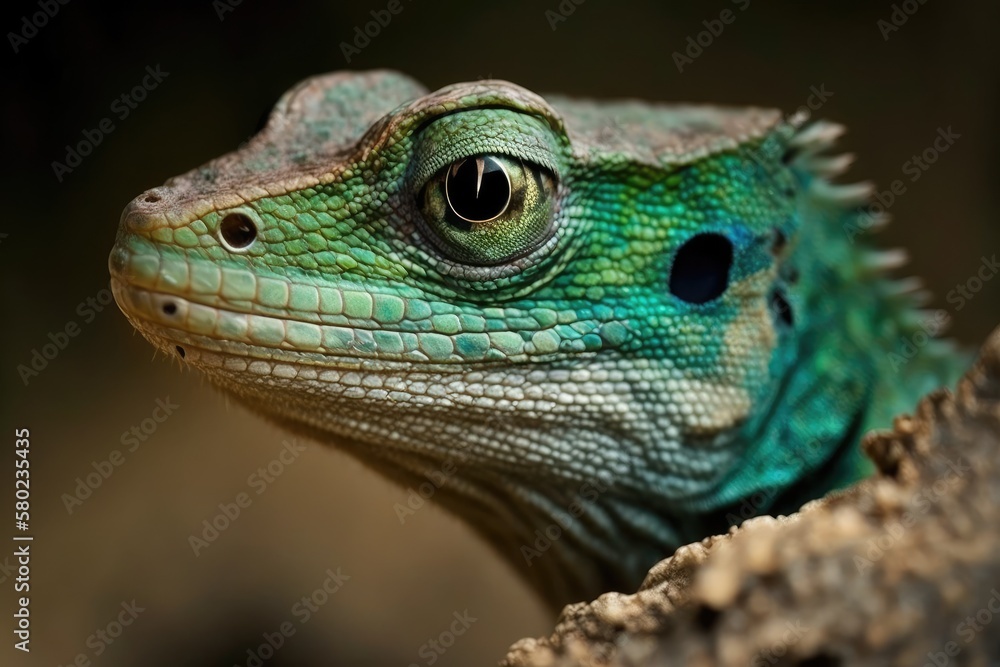 Poster Close up of a Green Crowned Lizard's head. Generative AI