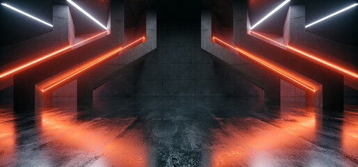 Cyber Laser Neon Orange Glowing Beams Sci Fi Futuristic Hangar Underground Cement Concrete Barn Bunker Hallway Tunnel Corridor Parking 3D Rendering