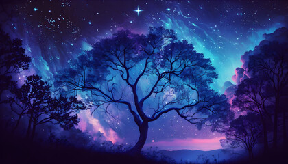 Fototapeta na wymiar Starry Night Sky Epic Fantasy Landscape of Purple Galaxies | Moonlit Reflection Soothing Fantasy Wallpaper Tree lined Oceans | Otherworldly Landscape Colorful View Fantasy Planet and Aurora