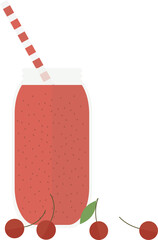 Smoothie or juice in a glass jar with a straw for a cocktail and cherries in a flat