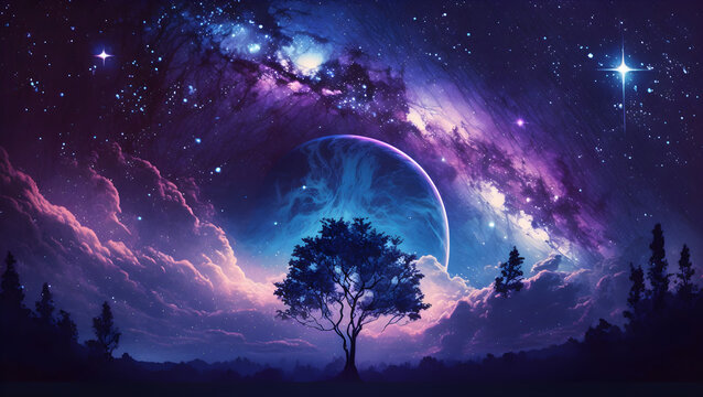 Starry Night Sky Epic Fantasy Landscape of Purple Galaxies | Moonlit Reflection Soothing Fantasy Wallpaper Tree lined Oceans | Otherworldly Landscape Colorful View Fantasy Planet and Aurora