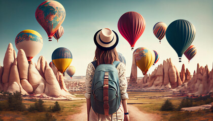 Young woman and hot air ballons, Generative AI. - 580236028