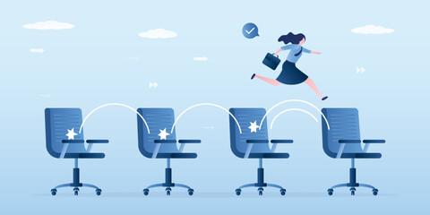 Job hopping, change many jobs in short time, move to new better career or position, smart woman candidate jumping from office chair to new. Often changing works.