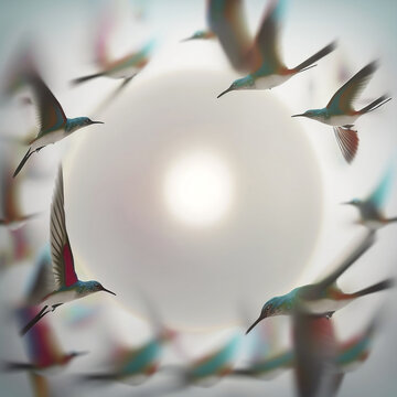 flock of humming birds flying on colored winds, highly detailed, movement blur, phto realistic, global lighting,Generative AI