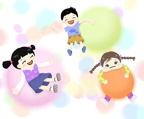 Children playing and circle background, 놀고있는 어린이 일러스트와 동그라미 배경