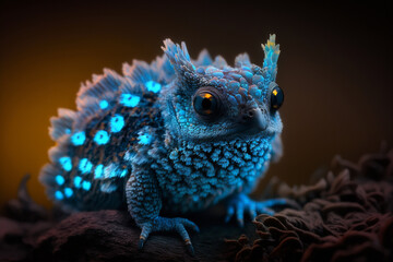 Mystical glowing Lizard or Reptile in a magical nature. Isolated on blurred background. Stunning animals in nature travel or wildlife photography made with Generative AI