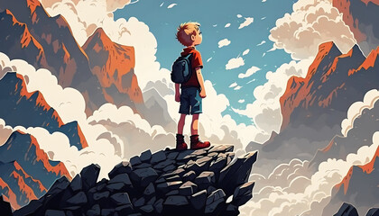 Digital Art Style Illustration of a Young Boy Standing on a Mountain and Looking at the Mysterious Floating Rocks, Generative AI