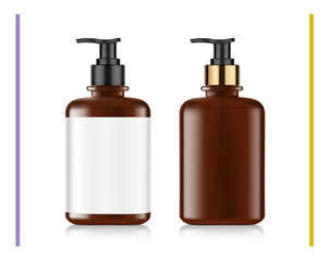 Realistic brown bottle with black dispenser mockup. Vector illustration isolated on white background. Perfect for the presentation of cream, tonic, soap disinfectant, etc. EPS10.