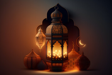 Arabic lantern, Ramadan kareem background made with Generative AI