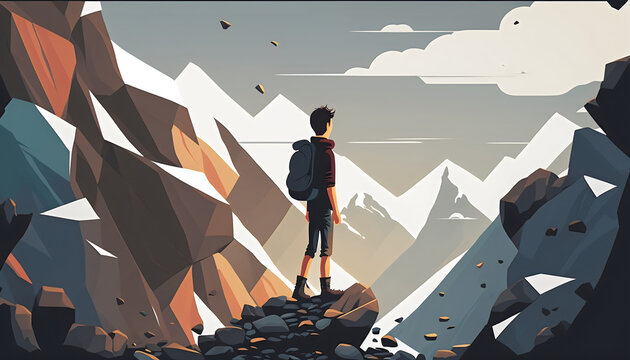 Vector Illustration of a Young Boy on a Mountain Gazing at Rocks Suspended in the Sky, Generative AI