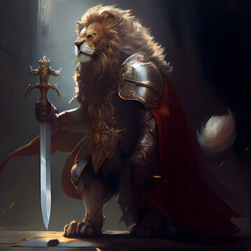  King of the jungle lion with armor and sword