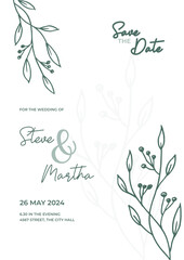 Floral wedding invitation template with organic hand drawn leaves and flowers decoration