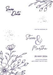 Floral wedding invitation template with organic hand drawn leaves and flowers decoration