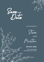 Floral wedding invitation template with organic hand drawn leaves and flowers decoration