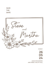 Floral wedding invitation template with organic hand drawn leaves and flowers decoration