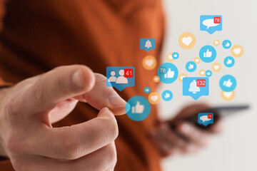 Businessman pressing virtual icons, virtual screen.