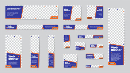 Business banner standard size in horizontal and vertical rectangle, and square template set for web design. Purple violet and orange header with place of photos. Vector illustration.