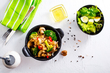 porridge with mushroom and boiled broccoli in bowl