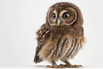 Athene noctua, Athene noctua, 50 days old, standing in front of a white background. Generative AI