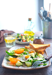 Avocado, vegetable and fried egg sandwich. Breakfast