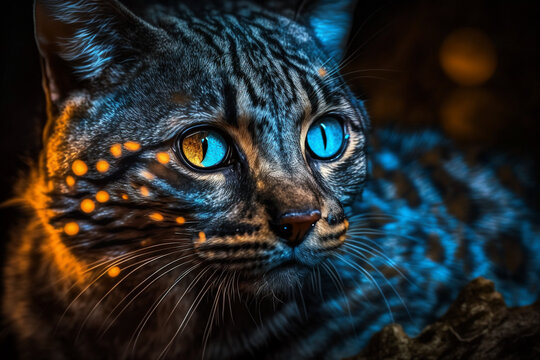 Mystical glowing Diviya, Leopard, or big cat closeup in Srilanken magical rainforest. Isolated on blurred background. Stunning animals in nature travel or wildlife photography made with Generative AI