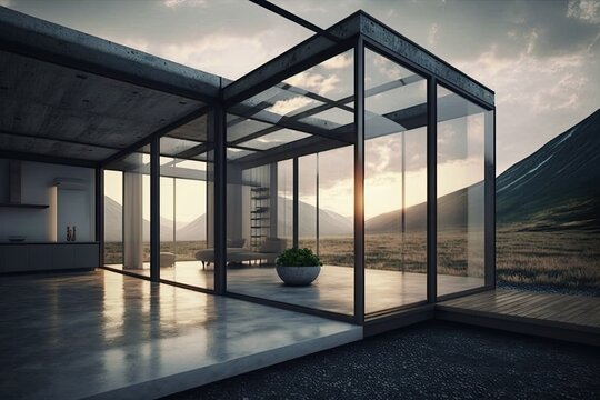 Transparent home, glass walls and roof, inside with a vacant room with a view of the outside, polished concrete floor. Generative AI