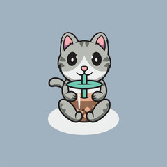 Cute cat drinking bubble tea cartoon icon illustration