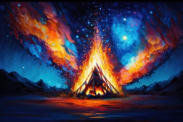 Bonfire, night campfire burning oil painting (Ai generated)