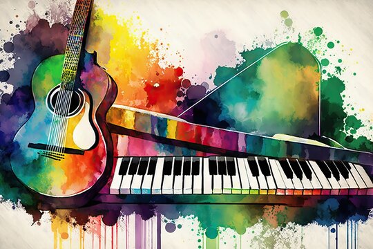 Guitar and piano keyboard, Abstract colorful (Ai generated)