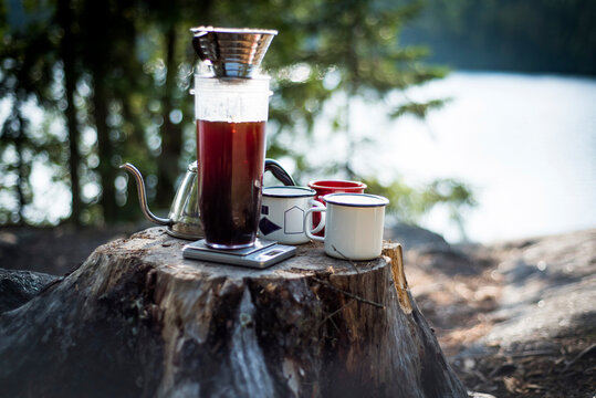 Close-up of coffee mugs and kettle on tree stump at campsite