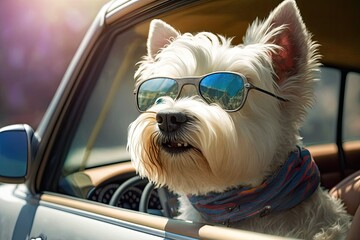 A west highland white terrier wearing goggles and riding in a car with the window down through an urban city neighborhood on a warm, sunny summer day. Generative AI - obrazy, fototapety, plakaty