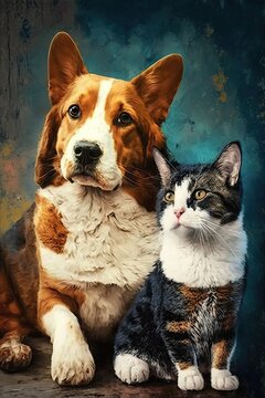 Cat and dog contemporary, Pets oil painting (Ai generated)