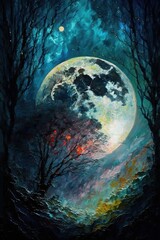 Naklejka na ściany i meble Moon in night sky, Star and space oil painting (Ai generated)