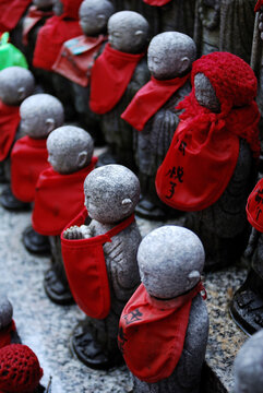 High angle view of Jizo Statues in temple
