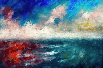 Fototapeta na wymiar Sea and sky, blue ocean landscape oil painting (Ai generated)