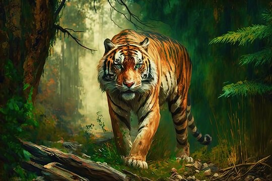 Tiger in forest, wild animal oil painting (Ai generated)