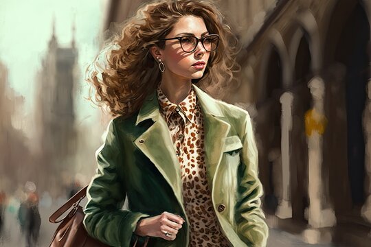 Outdoor full body fashion portrait of a young, beautiful woman wearing sunglasses, a leopard print blazer, boots, green pants, and a brown suede bag while walking in the street of a European city