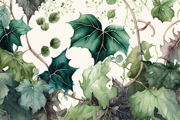 Ivy leaf background, Autumn plant watercolor art (Ai generated)