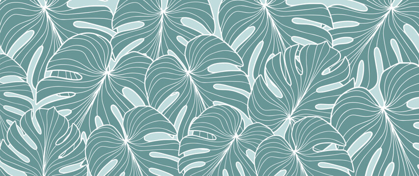 Turquoise tropical illustration with monstera leaves for covers, backgrounds, decor, presentations