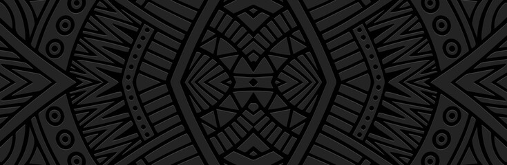 Banner, decorative cover design. Embossed geometric 3d pattern on a black background. Ethnic motifs, ornaments of the East, Asia, India, Mexico, Aztecs, Peru. Dudling, boho, art deco.