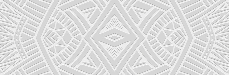 Banner, cover design. Embossed geometric 3d pattern on a white background. Ethnic motifs, ornaments of the East, Asia, India, Mexico, Aztecs, Peru. Dudling, boho, art deco.