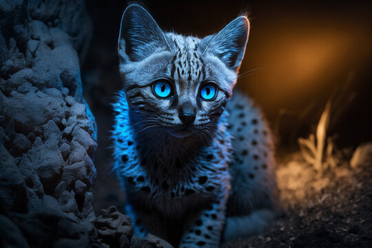 Mystical glowing Cat or Lanka Diviya in a magical nature. Isolated on blurred background. Stunning animals in nature travel or wildlife photography made with Generative AI