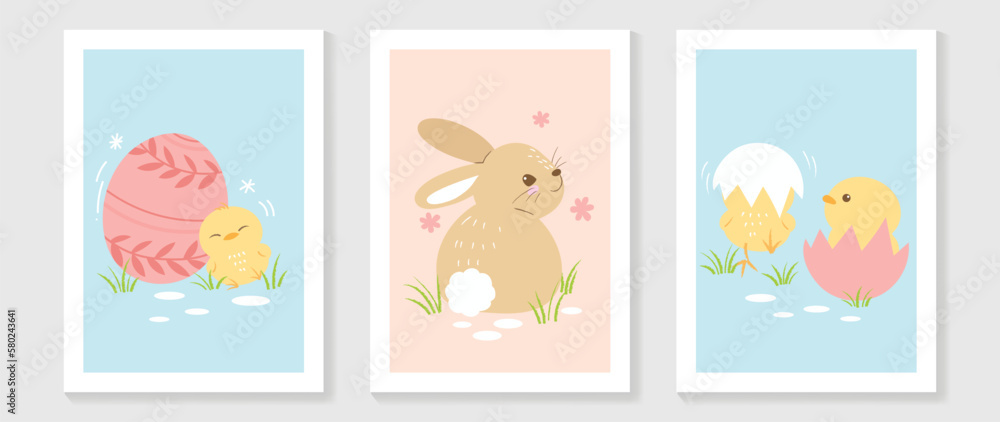 Wall mural Cute comic easter wall art vector set. Collection with adorable hand drawn easter egg, chicks, rabbit. Design illustration for nursery wall art in doodle style, baby, kids poster, card, invitation.