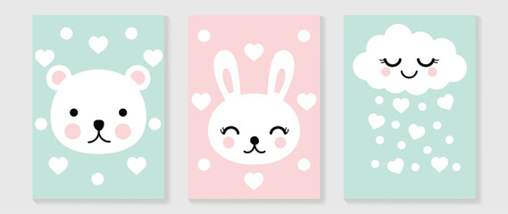 Cute comic easter wall art vector set. Collection with adorable hand drawn elements, rabbit, bear, cloud. Design illustration for nursery wall art in doodle style, baby, kids poster, card, invitation.