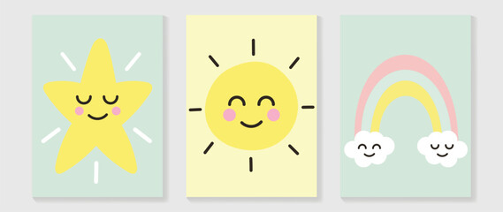 Cute comic easter wall art vector set. Collection with adorable hand drawn cartoon star, sun, rainbow. Design illustration for nursery wall art in doodle style, baby, kids poster, card, invitation.