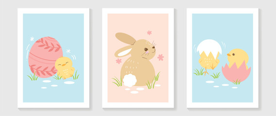 Fototapeta na wymiar Cute comic easter wall art vector set. Collection with adorable hand drawn easter egg, chicks, rabbit. Design illustration for nursery wall art in doodle style, baby, kids poster, card, invitation.