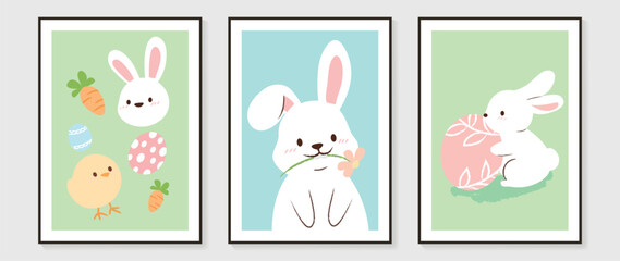 Cute comic easter wall art vector set. Collection with adorable hand drawn rabbit, chick, carrot, eggs. Design illustration for nursery wall art in doodle style, baby, kids poster, card, invitation.